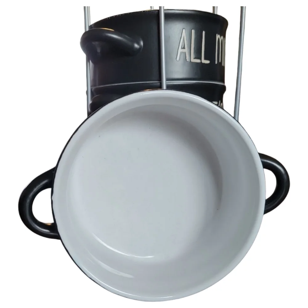 Vtg Boston Warehouse 4 Handled Black Souper Bowls White Script With Metal Rack